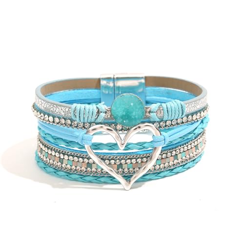 Womens Multi Layer Heart Leather Wrap Bracelet Boho Stackable Cuff Bangle Magnetic Clasp Crystal Birthday Valentine Gift - color: Sky Blue