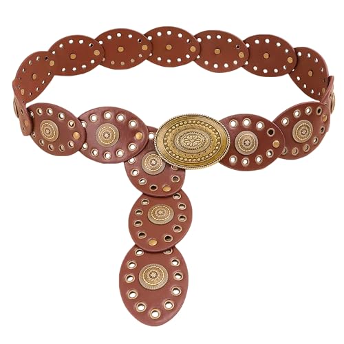 Western Chunky Wide Disc Belt for Women Boho Hollow PU Leather Waist Cowgirl Belt for Dresses Jeans with Metal Buckle - color: Brown