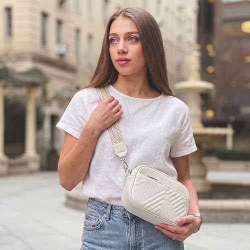 Vantamo Premium Quilted Crossbody Bags for Women with Anti-Pickpocket Clip, Vegan Leather Handbags, Travel Purses for Women - color: White With Jacquard Strap