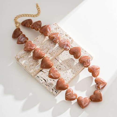 YUJIE Amber Acrylic Heart Choker Necklace for Women Vintage Punk Chunky Necklace Trendy Fashion Accessory - color: brown