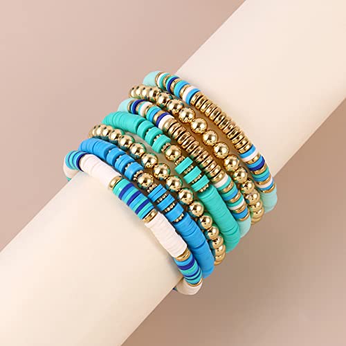 Elegance 11 designs Heishi Beaded Bracelets For Women Polymer Clay Colorful Surfer Stackable Beads Boho Bracelet Summer Beach Jewelry - color: Blue