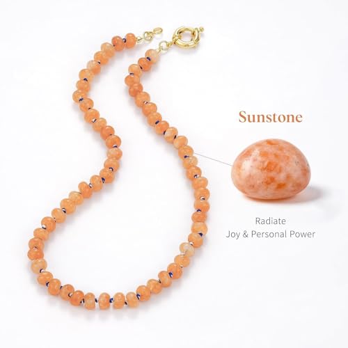 KissYan Beaded Gemstone Necklace for Women, Natural Stone Beach bead Necklace, 18" Boho Summer Handmade Jewelry Gifts - color: Sunstone