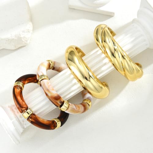 Gold Bracelet Stack For Women, 3Pcs Jade Vintage Chunky Stackable Stretch Boho Western Adjustable Bracelet Stacks Statement Dainty Tarnish Free Waterproof Jewelry Gift - color: Gold-4Pcs