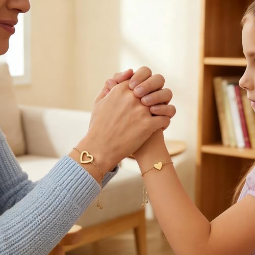 Mother Daughter Bracelets 18K Gold Plated for Mothers Day Birthday Friend Gifts, Heart Jewelry Mommy and Me Bracelets for Women, Adjustable Matching Friendship Bracelets