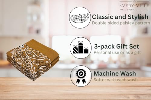 Classic Paisley Bandanas - 3 Pack Gift Set, 100% Cotton, 22x22 Inches - color: Brown