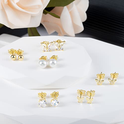BOUTIQUELOVIN 14K Gold Stud Earrings Set for Women, for Multiple Piercing Silver Plated Studs Earrings and Zirconia Earring Set Small Huggie Hoop Chain Earing - color: 6Pairs Gold C