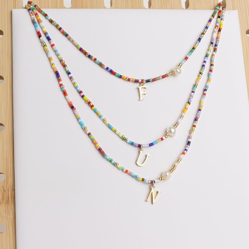 Colorful Pearl Beaded Initial Choker Necklaces for Women, Boho Handmade Personalized Seed Beads Letter Name Necklace Beach Surfer Bohemian Jewelry Gift - color: E