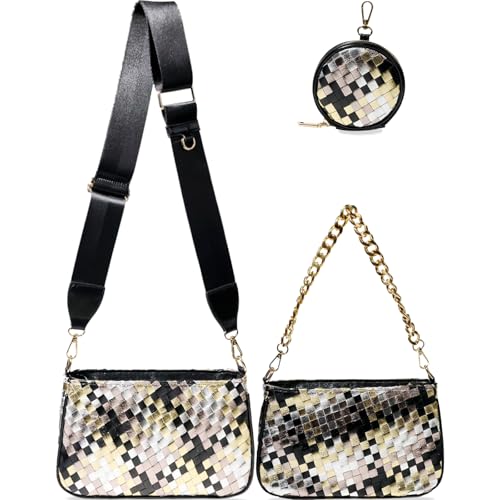 Handmade Woven Small Crossbody Bag for Women with Coin Purse, Designer Shoulder Handbag 3pcs Set, Mini Tote Clutch - color: Black Multicolor