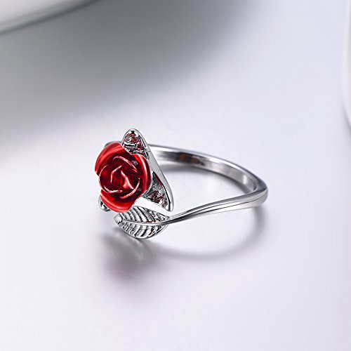 U7 Rose Flower Ring, Stackable Band Ring for Women Girls, Platinum Silver/Gold/Rose Gold Red Signet Rings Adjustable Fit Size 5 to 10 - color: Red Rose-Platinum