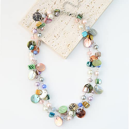 Noessla Layered Beaded Chunky Necklace for Women Boho Two-color Shell Statement Necklace Fashion Collar Costume Jewelry Gifts for Mum - color: 14-Colorful