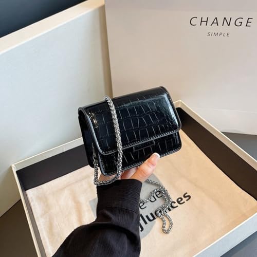 Small Crossbody Purse Bag for Women，Y2K Cute Metallic Croc-Embossed Handbag with Chain Strap - color: Mini Black