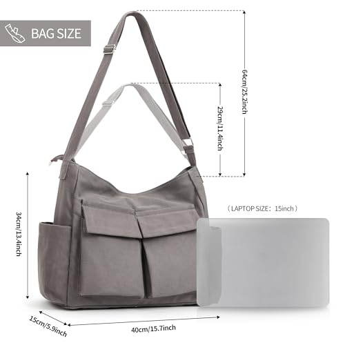 KALIDI Canvas Tote Bag Large Hobo Crossbody Shoulder Handbag Zipper Messenger Bag for Women or Men Casual College Work - color: Upgraded Grey