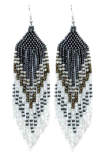 Long Beaded Dangle Earrings – Boho Native Handmade Seed Bead Tassel Bohemian Large Statement Drop Fringes for Women - color: Surmai
