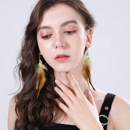 Feather Earrings for Women Bohemian Fringe Tassel Long Drop Dangle Earrings Lightweight Boho Statement earrings - color: brown