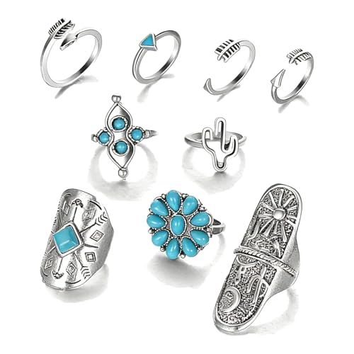 Western Rings Set for Women Red Boho Turquoise Ring Vintage Stackable Knuckle Rings Bohemian Cowboy Cowgirl Jewelry Country Concert Outfits - color: turquoise A