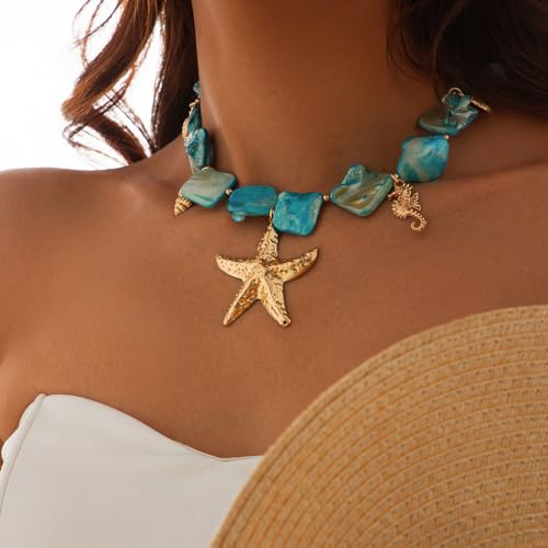 Boho Chunky Shell Necklace for Women Baroque Pearl Pendant Necklaces Irregular Shell Beaded Choker Necklace Trendy Vacation Jewelry Accessories - color: Blue2