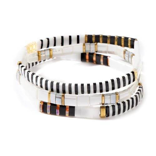 Tila Flat Square Stack Beaded Bracelets Set for Women Men, Boho 3Pcs Romantic Handmade Healing Gold Colorful Stretch Accessories Jewelry, Daily Vacation Party Holiday Friendship Gift - color: Black White