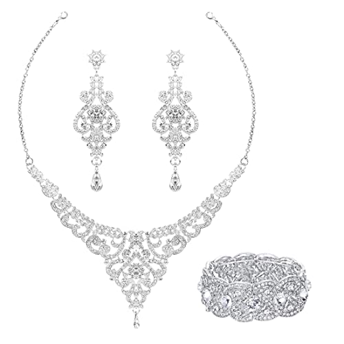 Hapibuy Crystal Wedding Jewelry Set Necklace Earring Set For Women and Brides Rose Gold and Silver Bridal Statement Jewelry sets - color: Silver necklace earring bracelet