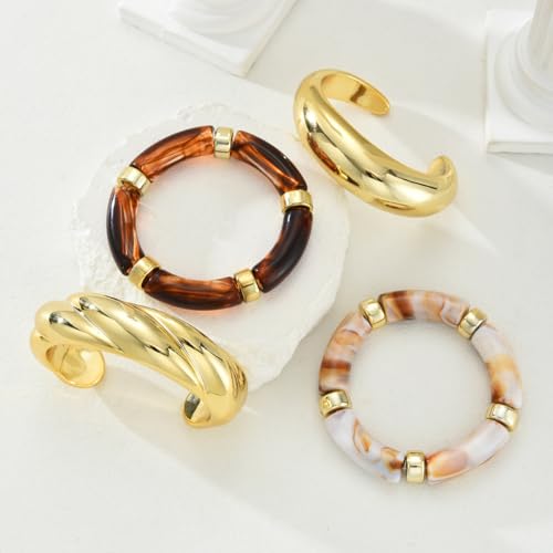 Gold Bracelet Stack For Women, 3Pcs Jade Vintage Chunky Stackable Stretch Boho Western Adjustable Bracelet Stacks Statement Dainty Tarnish Free Waterproof Jewelry Gift - color: Gold-4Pcs