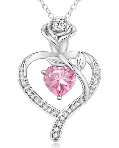 LOUISA SECRET Rose Flower Heart Birthstone Necklaces for Women, 925 Sterling Silver Jewelry, Pendant Heart Necklaces Birthday Anniversary Christmas Gift for Women Wife Mom Girlfriend Lady - color: White Gold-10-Oct