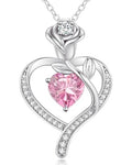LOUISA SECRET Rose Flower Heart Birthstone Necklaces for Women, 925 Sterling Silver Jewelry, Pendant Heart Necklaces Birthday Anniversary Christmas Gift for Women Wife Mom Girlfriend Lady - color: White Gold-10-Oct