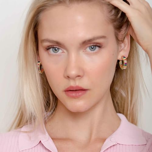 Trendy 14K Gold Plated Hoop Earrings for Women, Chunky Gold/Silver Earrings for Women Cubic Zirconia Baguette Hoop Earrings Heart Hoops Lightweight Hypoallergenic Jewelry,25mm/35mm/40mm/50mm - color: 01 Gold Rainbow Hoops 25mm