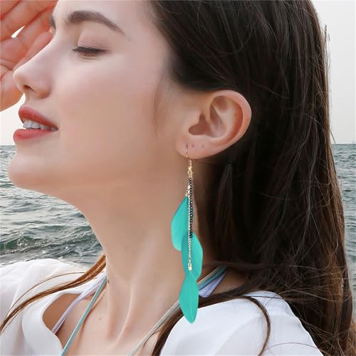 coadipress Boho Piercing Tassel Feather Long Chain Earrings Retro Lightweight Native Feather Dangle Drop Earrings for Women Bohemian Handmade Natural Feathers Earring Jewelry - color: Gem Green
