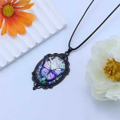 Halloween Gothic Witch Necklaces Cross Glass Pendant Necklace for Women Punk Vintage Black Dark Oval Cameo Necklace Witch Emo Necklaces Halloween Jewelry Witch Accessories 2025 - style: Butterfly