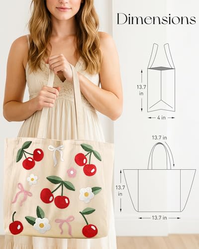 Miss Adola Embroidery Tote Bag with Pocket & Buckle - Reusable Canvas Tote for Women Cute Aesthetic Work Shopping Grocery Bag - style: Cherry