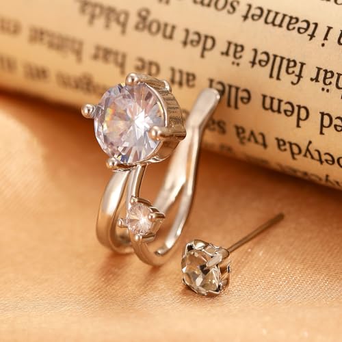 Cubic Zirconia Ear Cuff Non-Piercing CZ Clip on Earrings Round Crystal Stud Earrings Silver Cartilage Hypoallergenic Earrings Set Party Prom Jewelry for Women - color: White