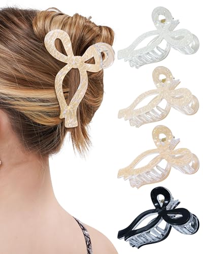 Mesovor 4 Pack Elegant Bow Hair Claw Clips, Nonslip 4.3" Large Hair Grip Hairclips for Thin and Thick | Acrylic Hair Strong Hold Hair Jaw Clamps (Mermaid Crack, Black) - color: Mermaid Crack, Black