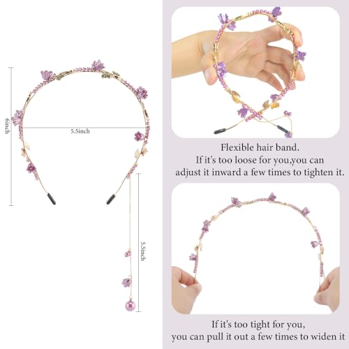 AHONEY Purple Flower Headband for Women Rapunzel Girls Hair Vine Gold Leaf Boho Headband Wedding Fairy Hair Accessories Headpiece - color: Purple
