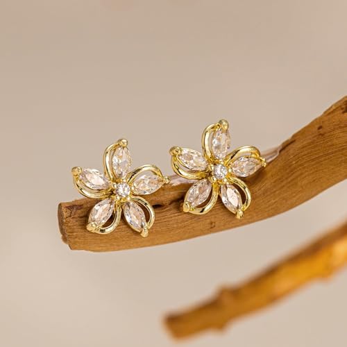 Cubic Zirconia Earrings - 14K Gold/Whte gold/Rose Gold Plated Cubic Zirconia CZ Diamond Wedding Earrings for Women Bridal Bridesmaid - color: Flower Stud
