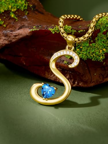 Birthday Gifts for Women 18k Gold Initial Necklaces for Women Simple Alphabets Letters with Birthstone Pendants Name Jewelry Anniversary Wedding Gifts for Sister Daughter Her (with Gift Box) - color: 12-Dec-Blue Topaz, style: Letter S