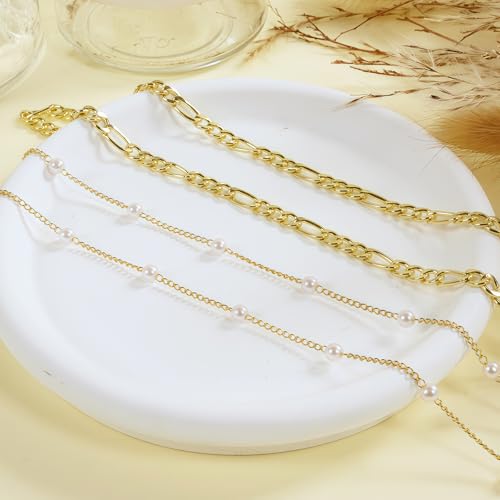 14K Gold Plated Waist Chain for Women, 2Pcs Adjustable Pearl Beads Body Chain, Sexy Layered Summer Beach Bikini Belly Jewelry Accessories - style: Figaro&Pearl