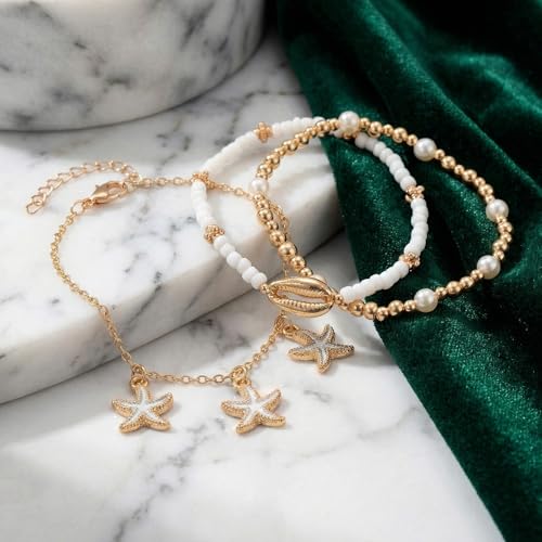 Boho Beads Beach Layered Anklet Set for Women, Handmade Gold Starfish Pearl Shell Anklets Summer Ocean Accessories Jewelry Gift - color: PStarfish