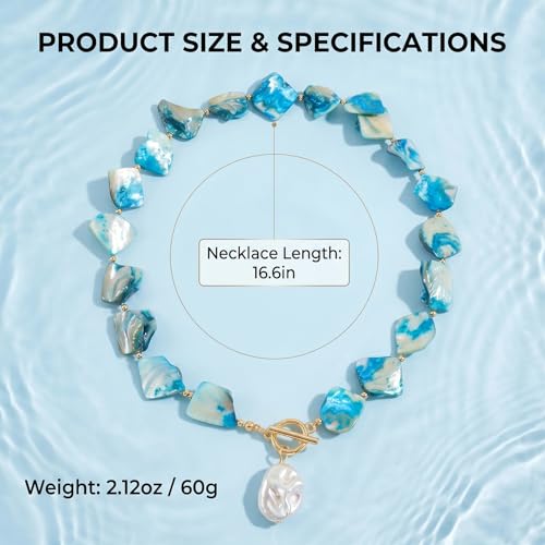 Chunky Shell Choker Necklace for Women,Natural Irregular Pearl Beaded Beach Necklaces,OT Buckle Pearl Pendant Choker,Bohemian Beach Necklace,Summer Beach Vacation Jewelry Gift for Women - color: Blue