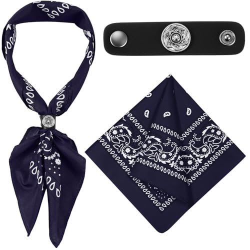 Bandanas Scarf with Leather Ring Floral Buckle Paisley Bandana Headwear Western Scarf Gifts for Women Men Halloween - color: Navy Blue