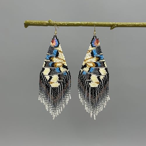 Handmade Seed Beaded Earrings, Lightweight Boho Fringe Dangle Earrings, Glass Bead Drop Jewelry for Everyday Wear & Party, Women Gifts - color: Feather