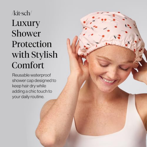 Kitsch Luxury Shower Caps for Women Reusable Waterproof - Large Shower Cap for Women, Non-slip, Quick-dry Hair Cap for Long and Short Hair, Comfortable and Stylish Design - Cherry Print - color: Cherry Print