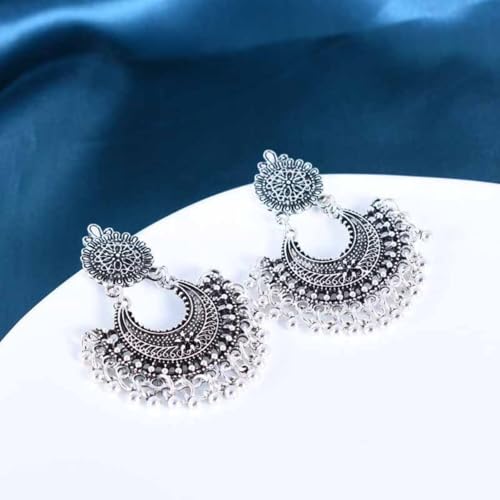 Boho Antique Carved Flower Dangle Drop Earrings for Women Vintage Retro Handmade Hollowed Antiqued Bronze Floral Shaped Geometric Gold Silver Plated Hoop Earrings for Ethnic Style Jewelry Gifts - color: Silver tassel