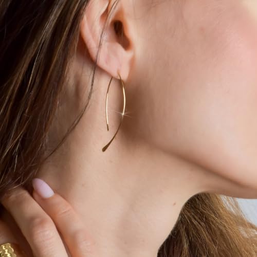 Upside Down Hoop Earrings - Hypoallergenic Lightweight Wire Needle Drop Dangle Threader Hoops for Women, Safe for Sensitive Ears - Plated in 925 Sterling Silver or 18k Gold - color: 2" inch - 18k Gold Plated