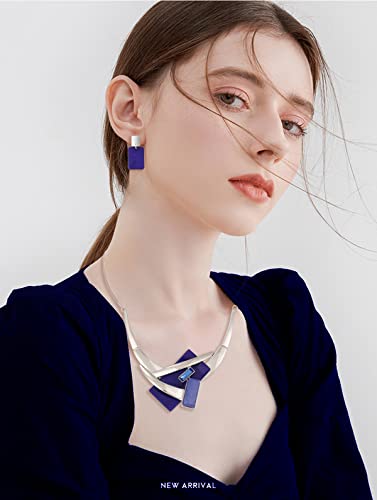 Vintage Chunky Statement Jewelry Set Retro Leaf Floral Geometric Bohemian Boho Bib Necklace Earring Set Fashion Costume Jewelry for Women Girls Wedding Party Prom Unique Gift - style: rectangle-blue