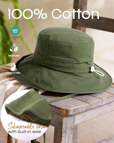 FURTALK Sun Hats for Women Wide Brim Ponytail Beach Sun Protection Hat with Fold-Up Brim Bucket Hat - color: Green