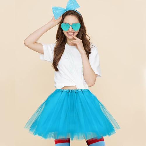 Women Tutu Costume Accessories Set, Striped Knee Socks Tutu Skirt Sunglasses and Bow Headband Colorful Party Favors - color: Light Blue