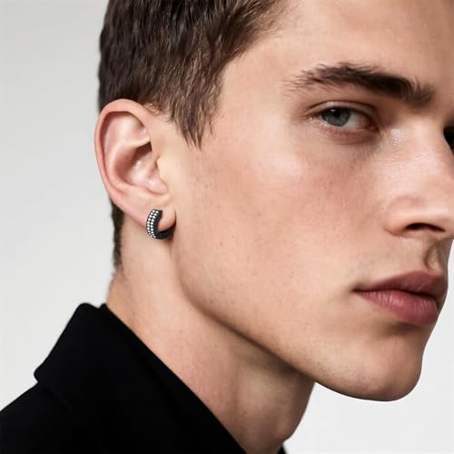 Black Viking Hoop Earrings for Men: Nordic Runes Huggie Earrings with CZ Stone Punk Jewelry Gift-Style B