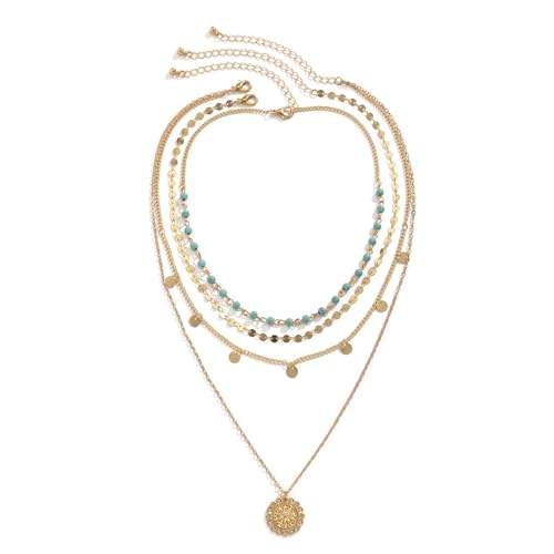Boho Layered Gold Turquoise Necklace for Women Multi Strand Western Beach Jewelry Stackable Chain with Toggle Clasp Disc Pendant Trendy Fashion Jewelry - color: Gold-3