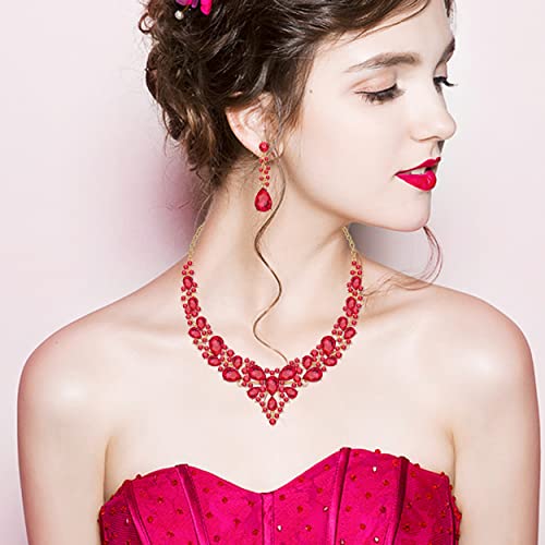 CSY 4 Pcs/Set Austrian Crystal Necklace Earrings Bracelet Ring Bridal Jewelry Sets for Brides Wedding Party Costume Accessories Gifts for Women - color: 02-gold plated-red