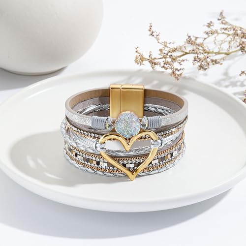 VIBILIA Boho Leather Wrap Bracelets for Women Multi-Layer Bracelets with Strong Clasp Jewelry for Women - color: 01-Heart-GoldSilver