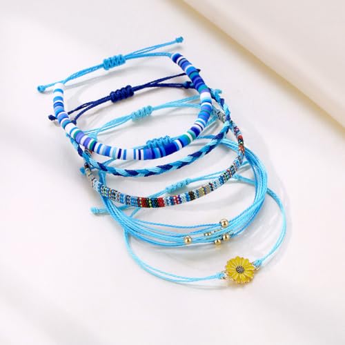 Beach Summer Ankle Bracelet for Women Handmade Braided Adjustable String Anklets Waterproof Surfer Bracelet - color: flower/blue